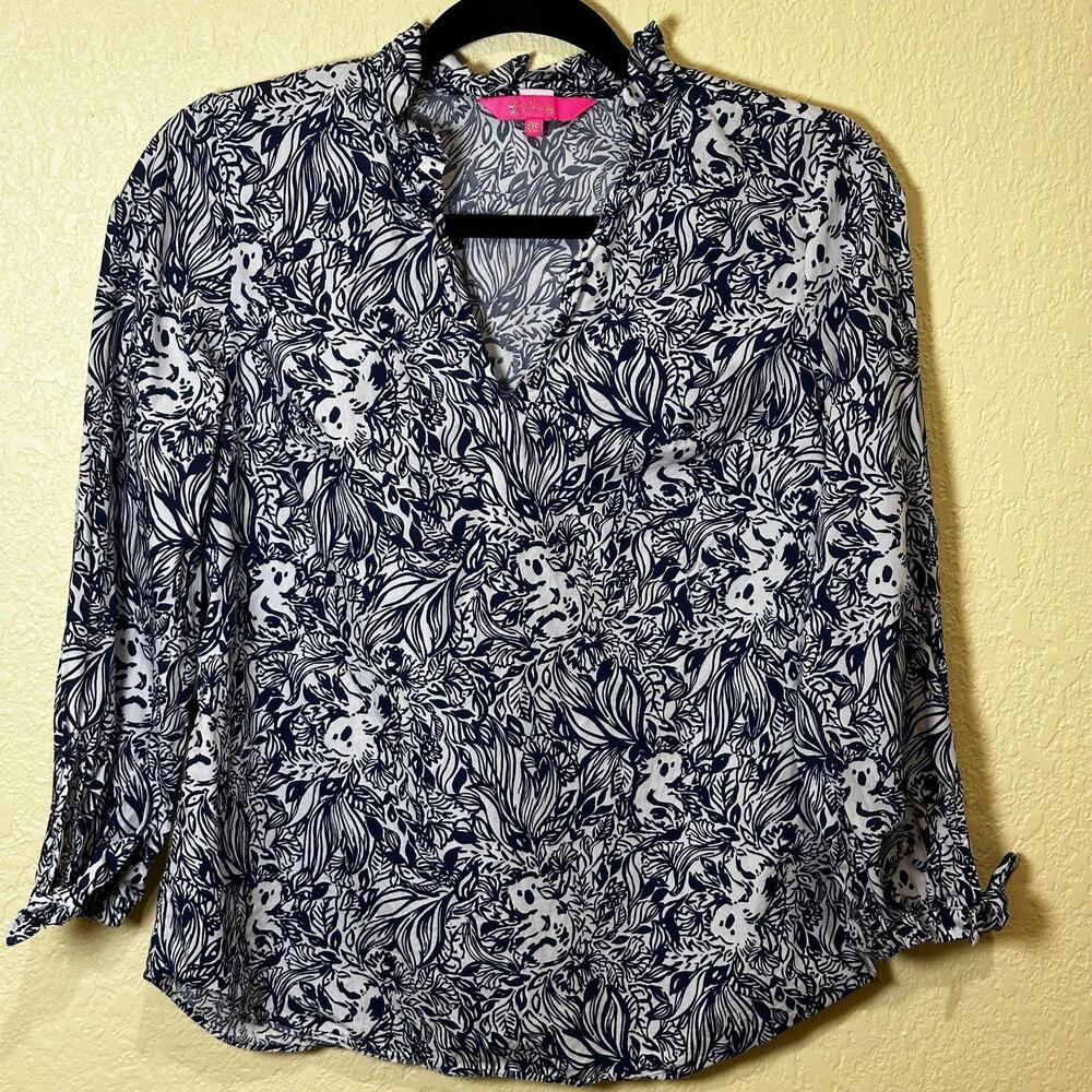 Lilly Pulitzer blue‎ and white bunny rabbit print button up down shirt  XXS NWOT